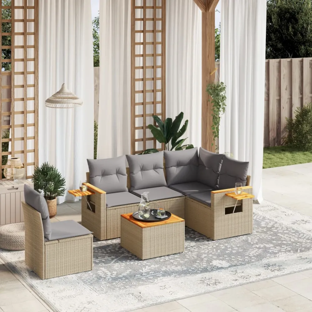 6-delige Loungeset met kussens poly rattan beige vidaXL