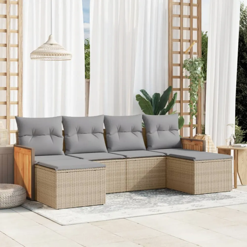 6-delige Loungeset met kussens poly rattan beige vidaXL