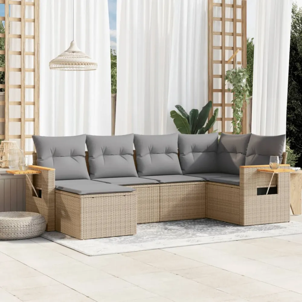 6-delige Loungeset met kussens poly rattan beige vidaXL