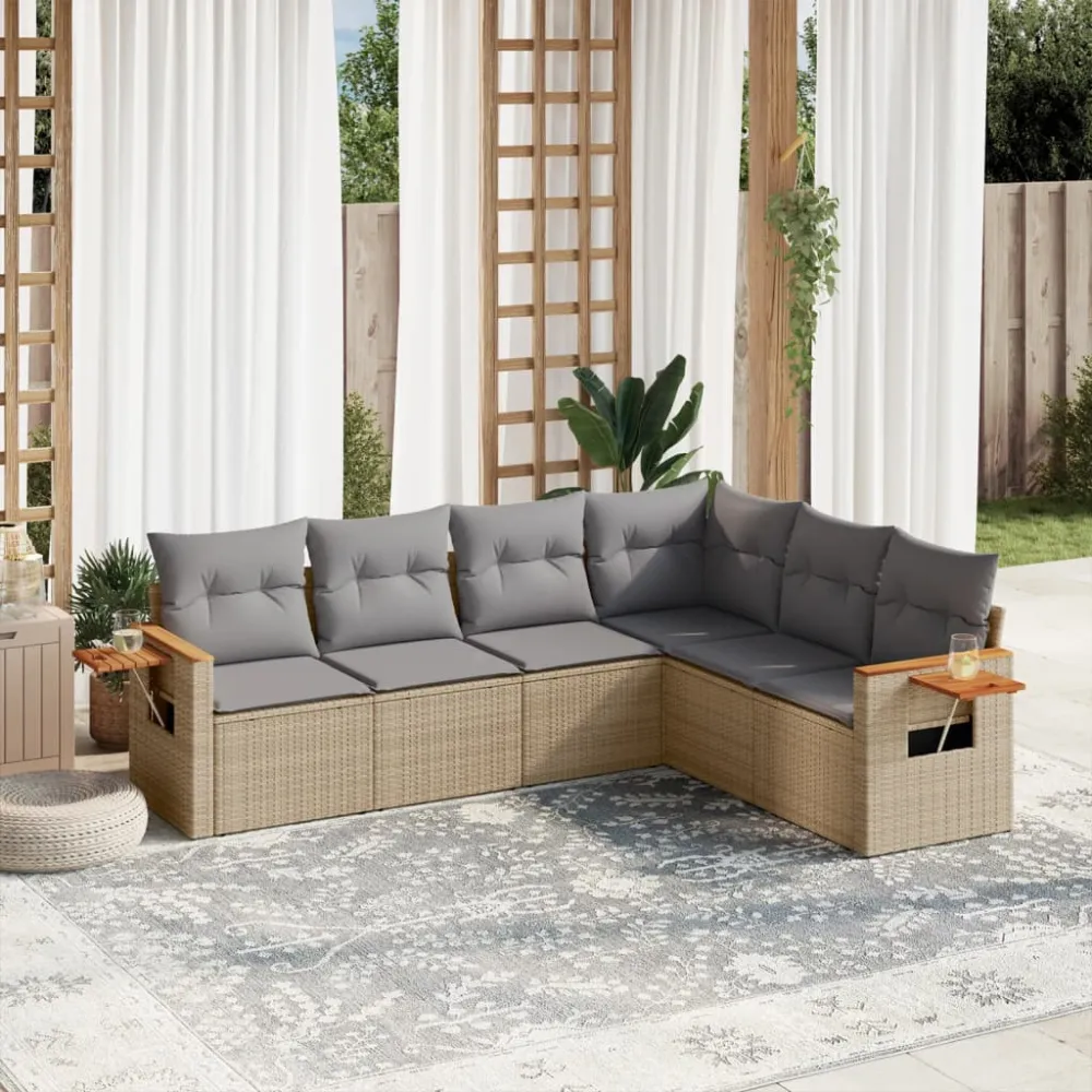 6-delige Loungeset met kussens poly rattan beige vidaXL