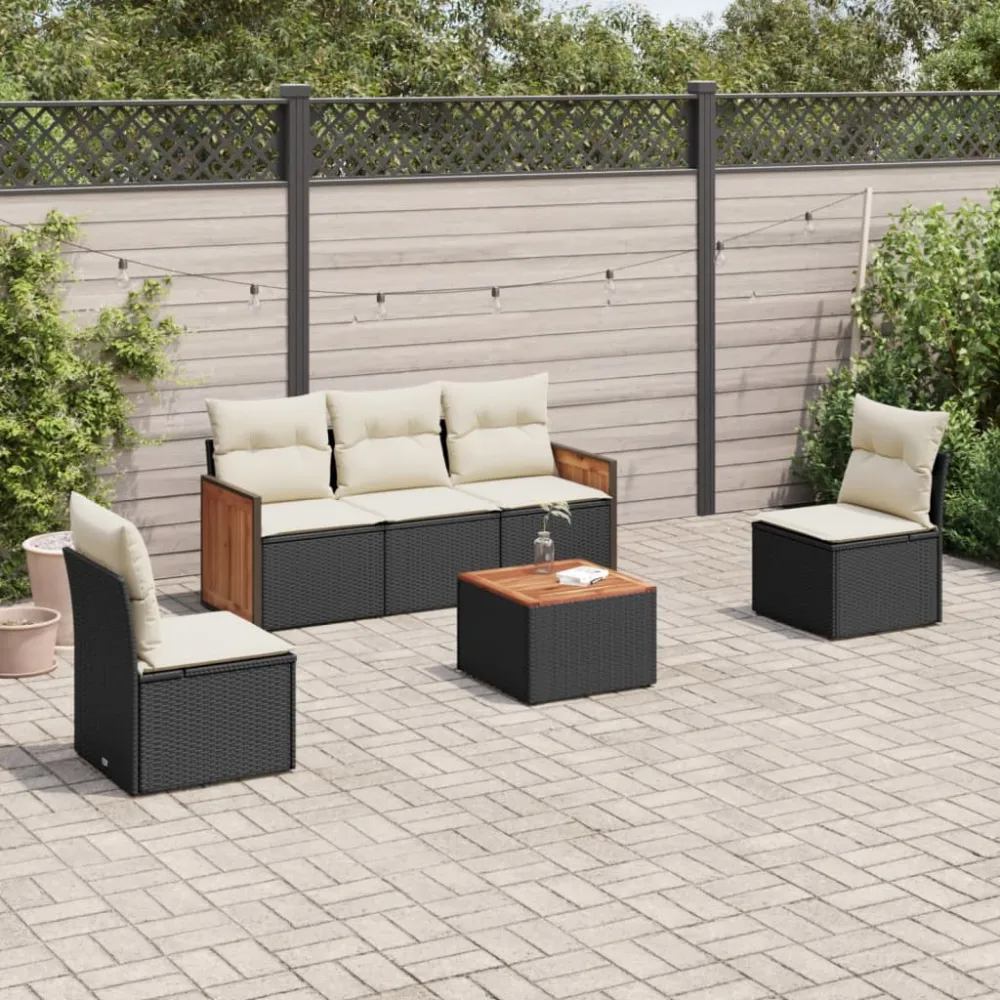 6-delige Loungeset met kussens poly rattan zwart vidaXL