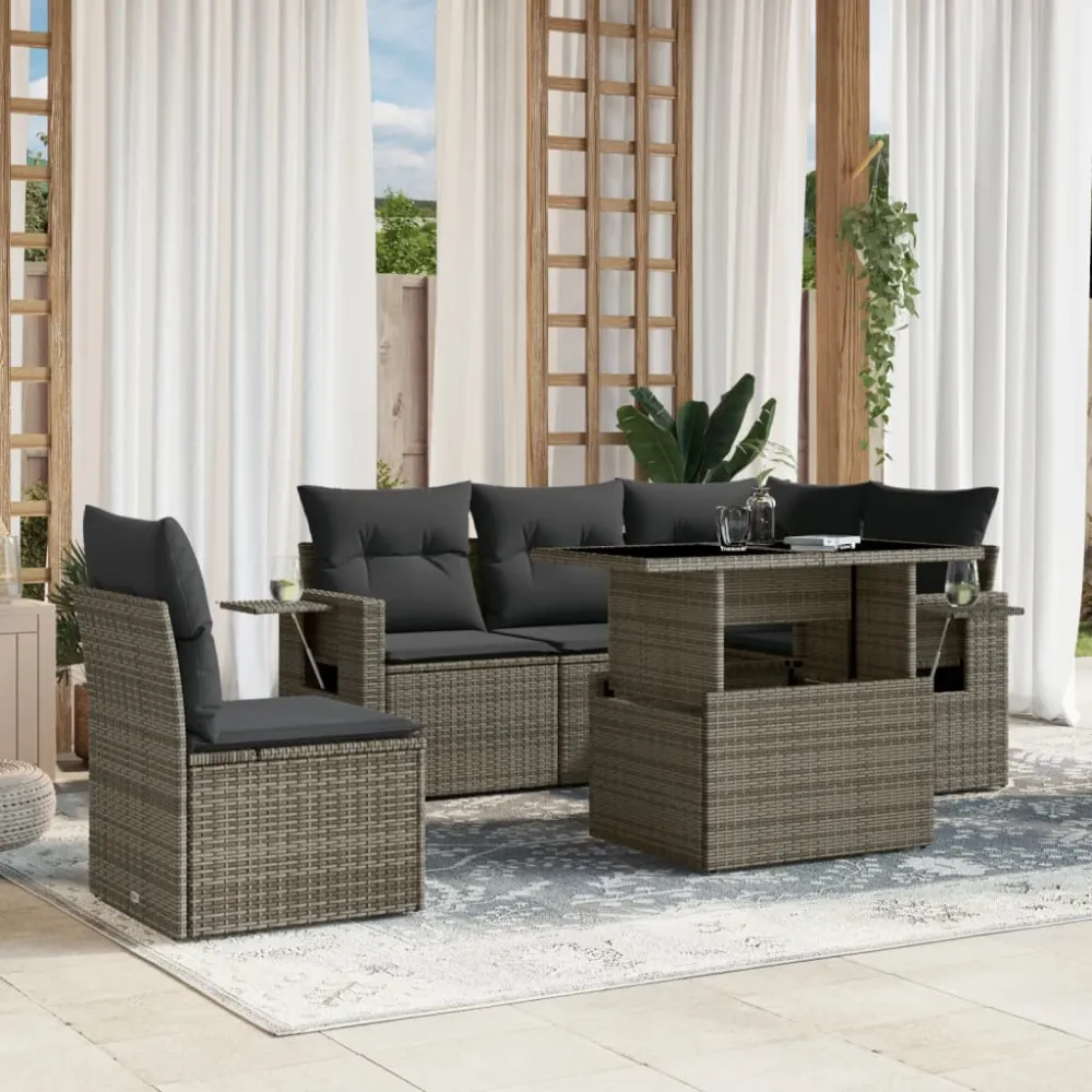 6-delige Loungeset met kussens poly rattan grijs vidaXL