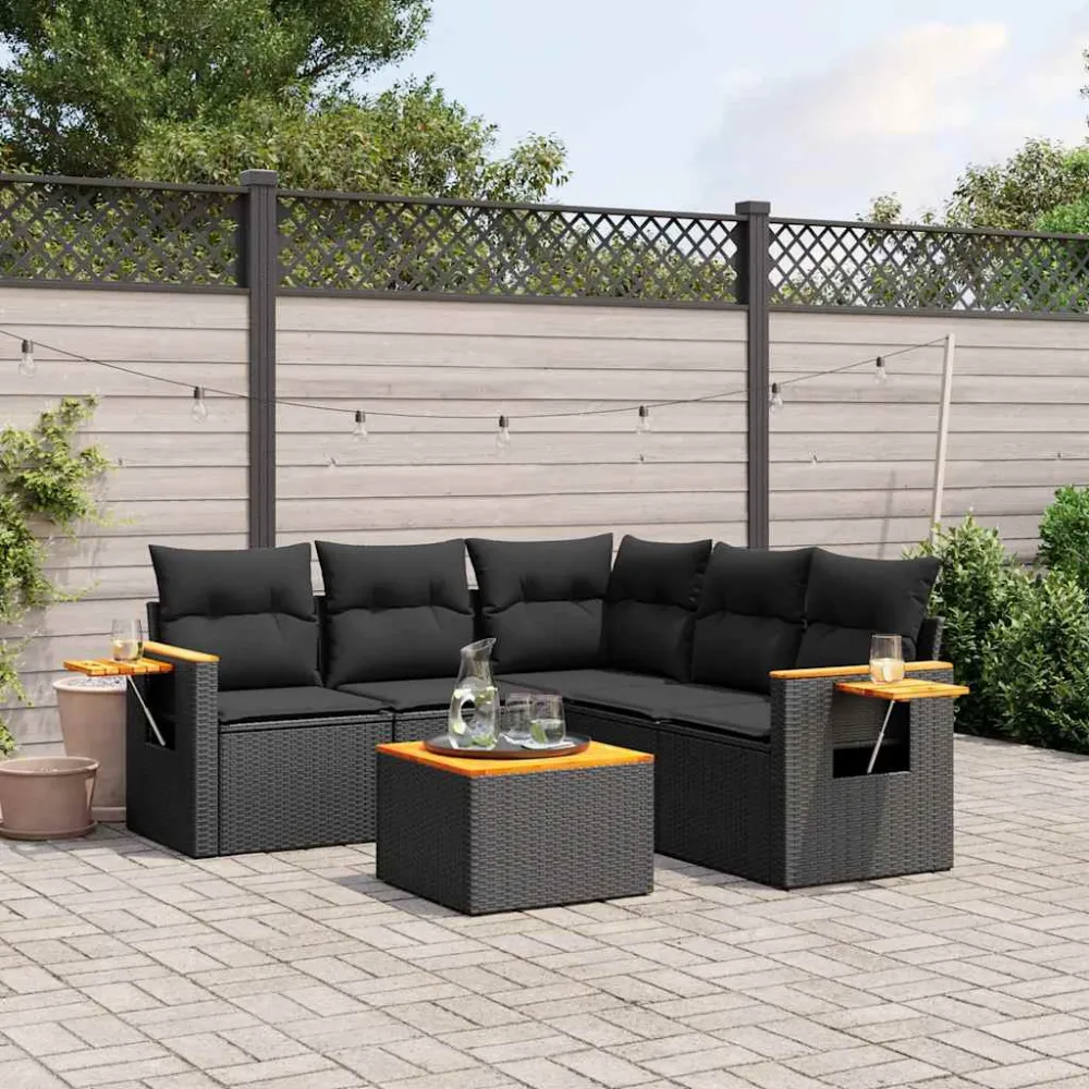 6-delige Loungeset met kussens poly rattan zwart vidaXL