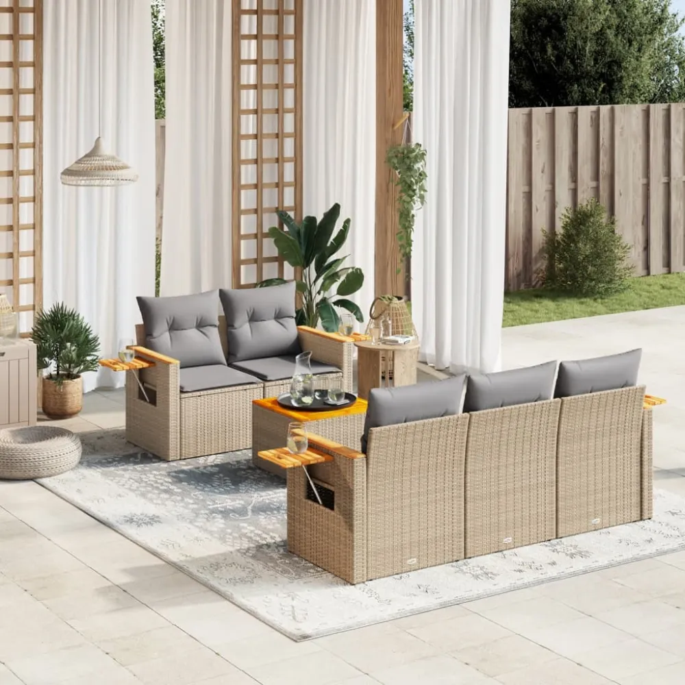 6-delige Loungeset met kussens poly rattan beige vidaXL
