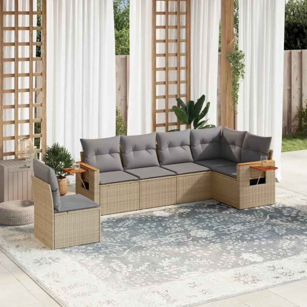 6-delige Loungeset met kussens poly rattan beige vidaXL