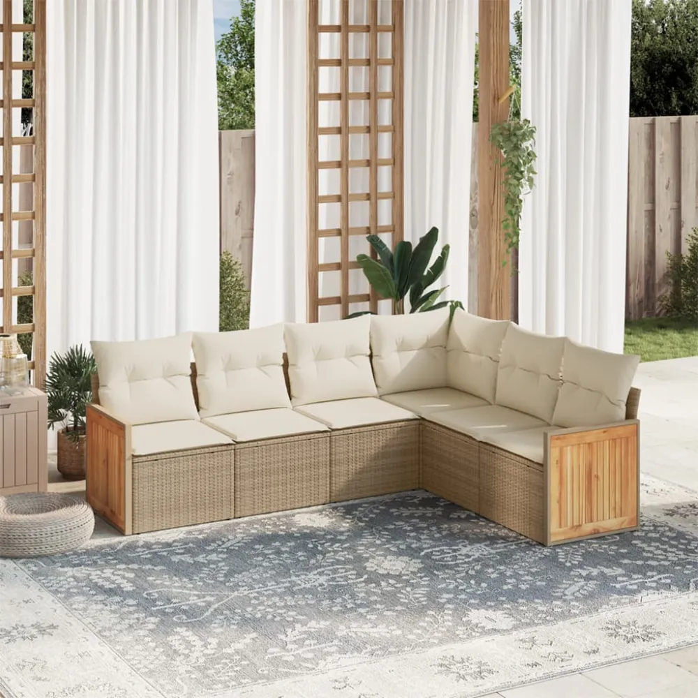 6-delige Loungeset met kussens poly rattan beige vidaXL