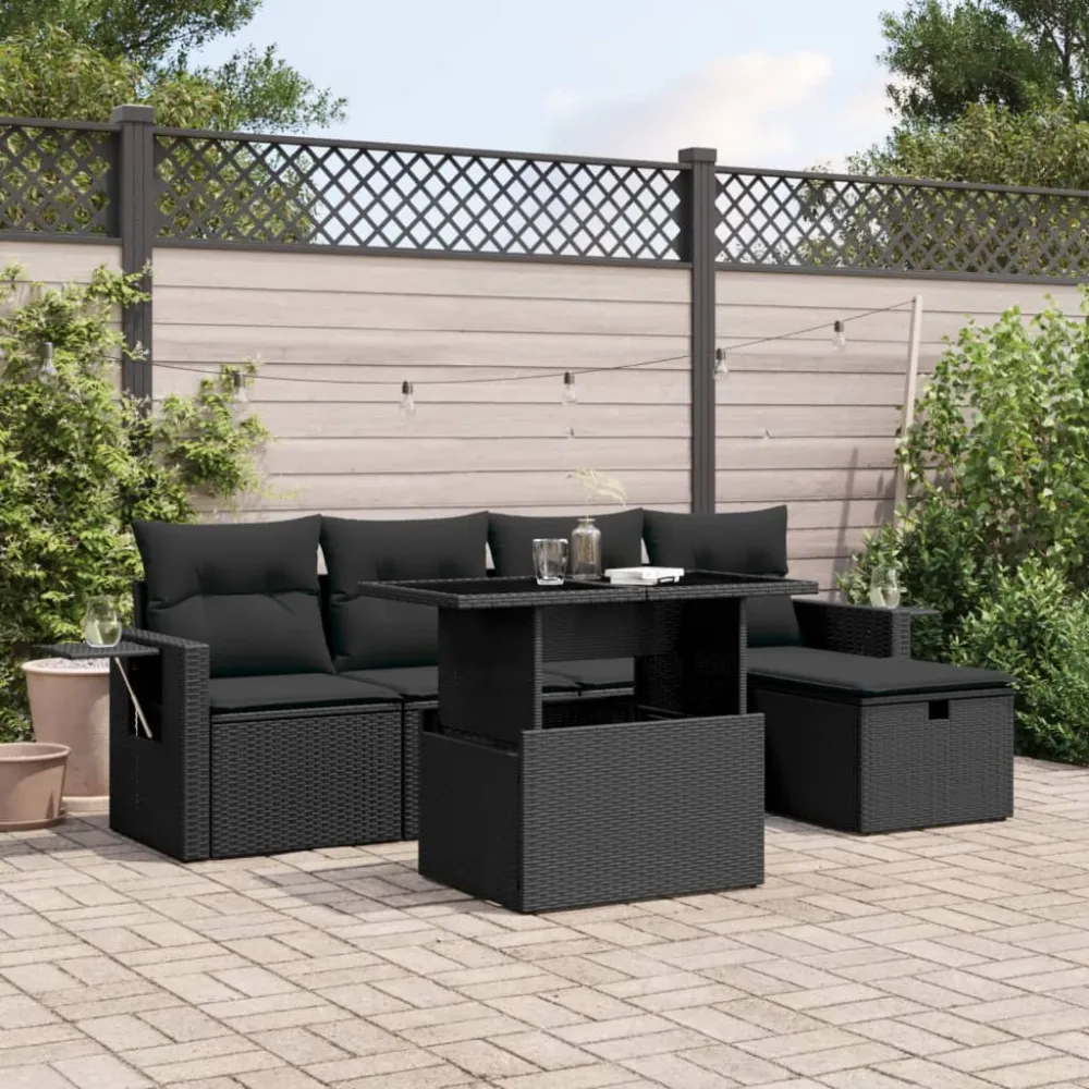 6-delige Loungeset met kussens poly rattan zwart vidaXL