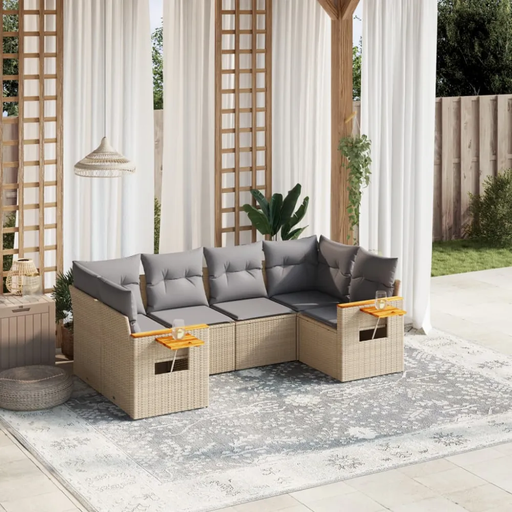 6-delige Loungeset met kussens poly rattan beige vidaXL