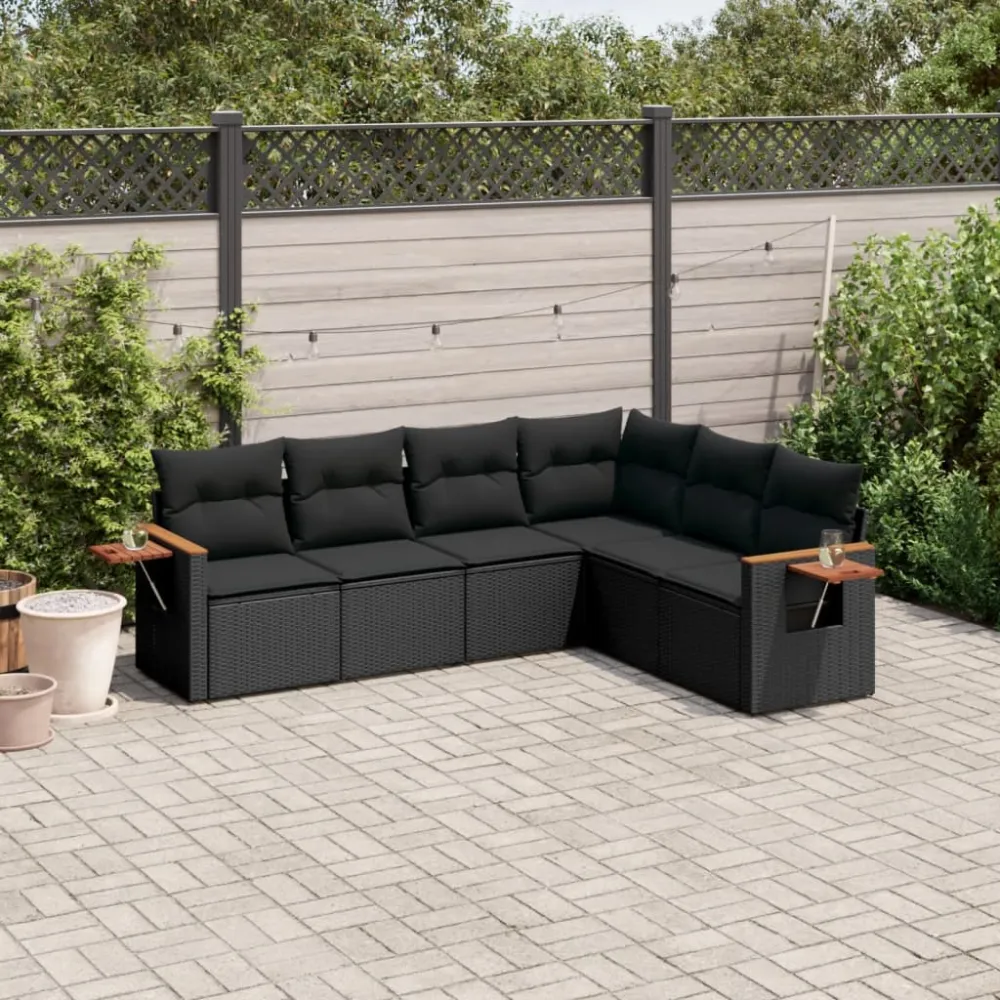 6-delige Loungeset met kussens poly rattan zwart vidaXL