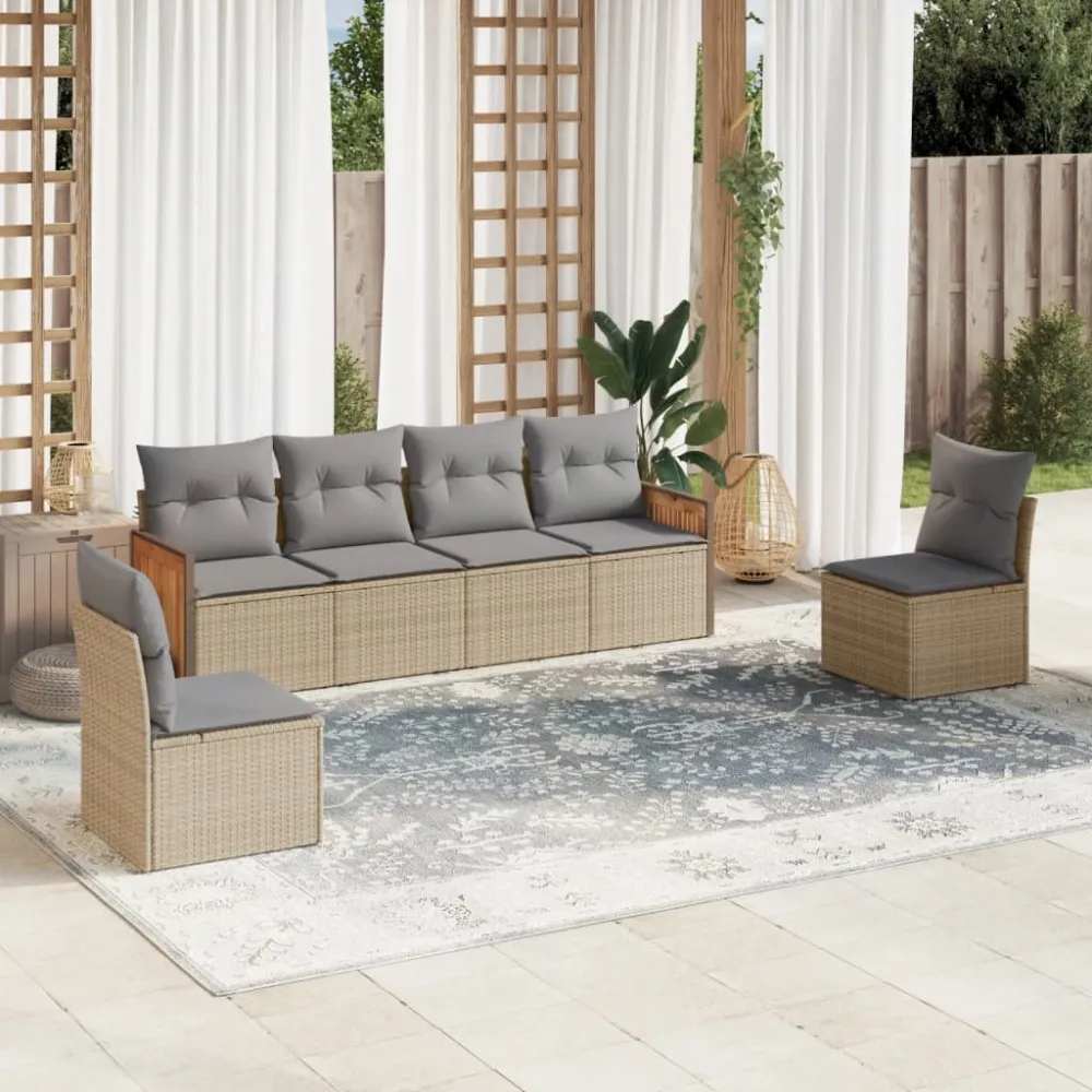 6-delige Loungeset met kussens poly rattan beige vidaXL