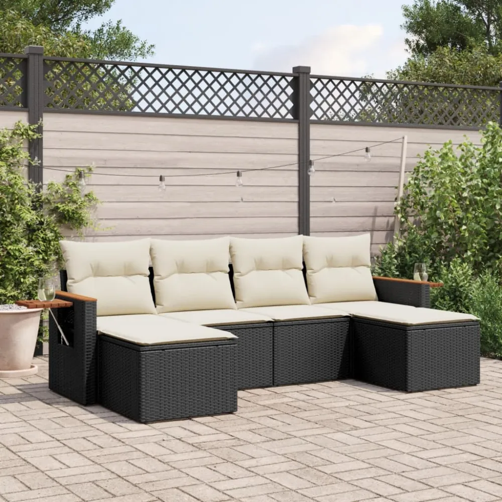 6-delige Loungeset met kussens poly rattan zwart vidaXL