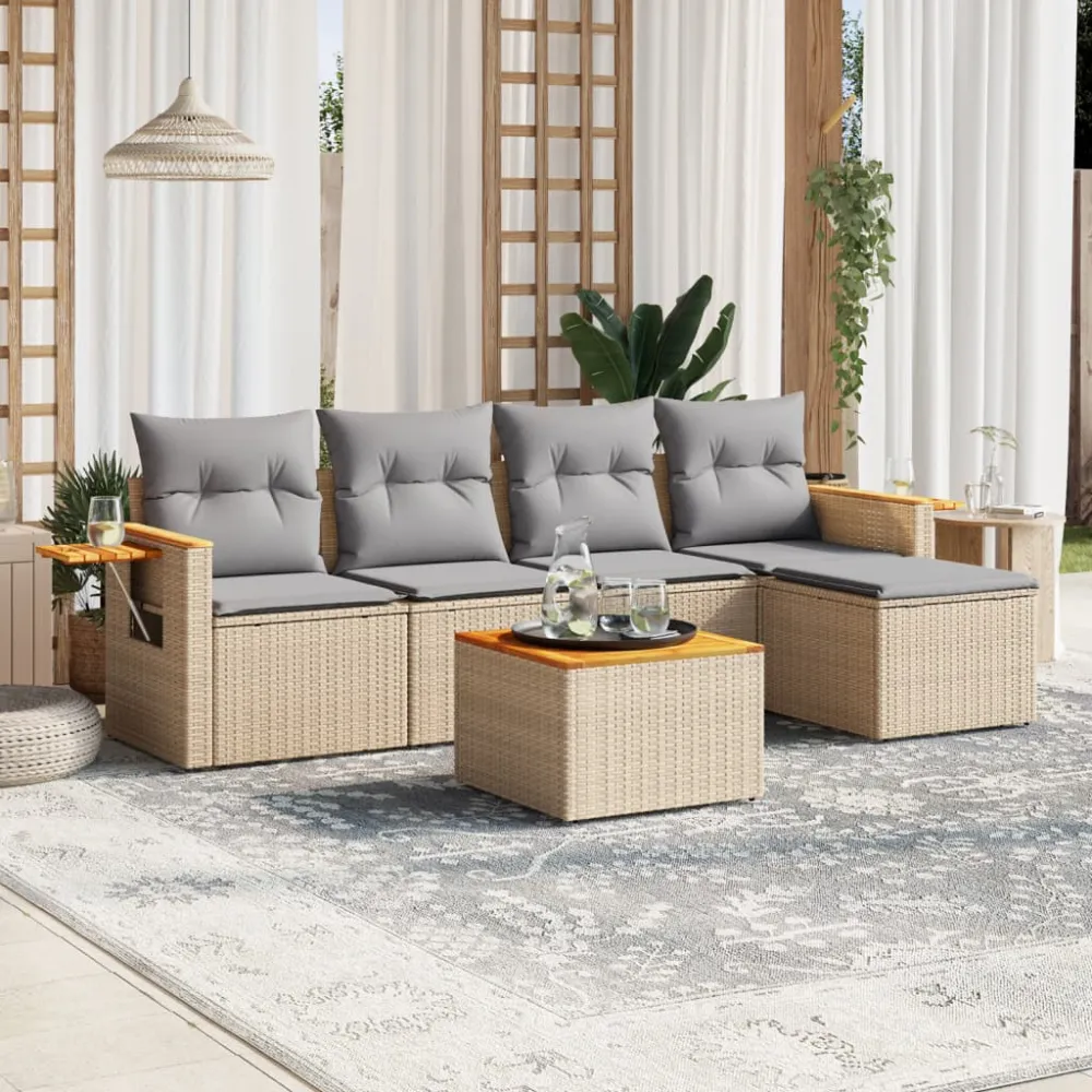 6-delige Loungeset met kussens poly rattan beige vidaXL