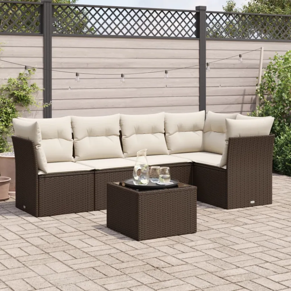 6-delige Loungeset met kussens poly rattan bruin vidaXL