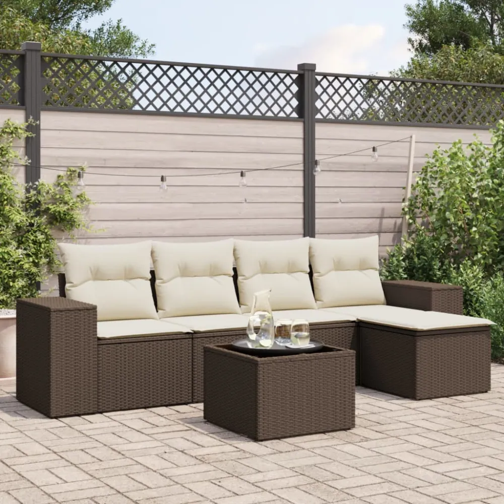 6-delige Loungeset met kussens poly rattan bruin vidaXL