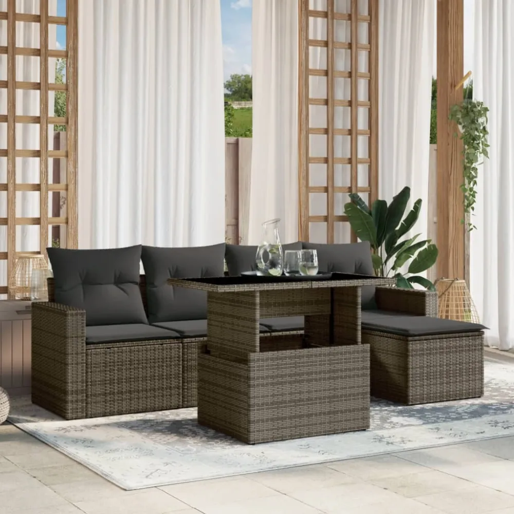 6-delige Loungeset met kussens poly rattan grijs vidaXL