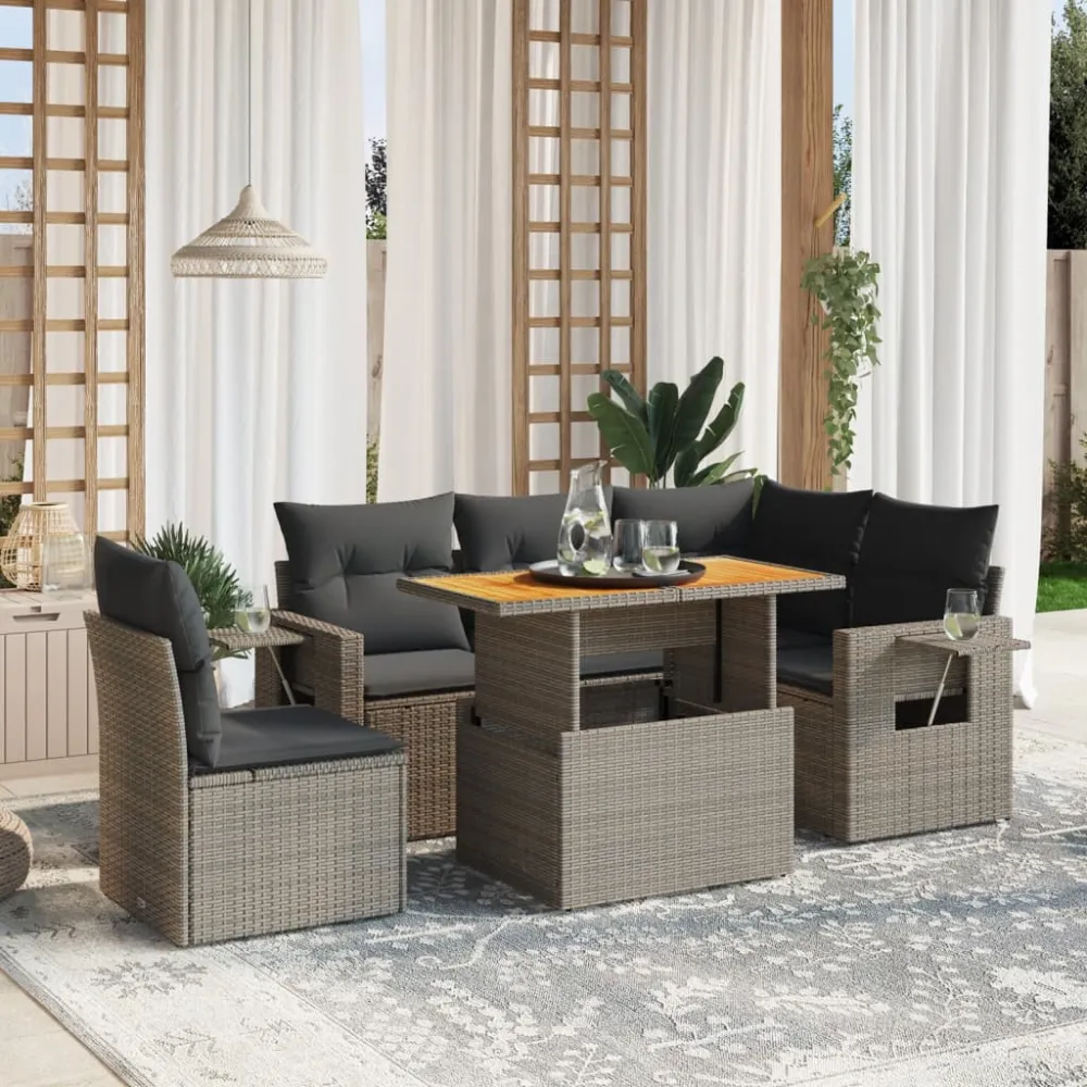 6-delige Loungeset met kussens poly rattan grijs vidaXL