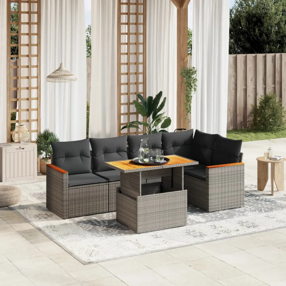 6-delige Loungeset met kussens poly rattan grijs vidaXL