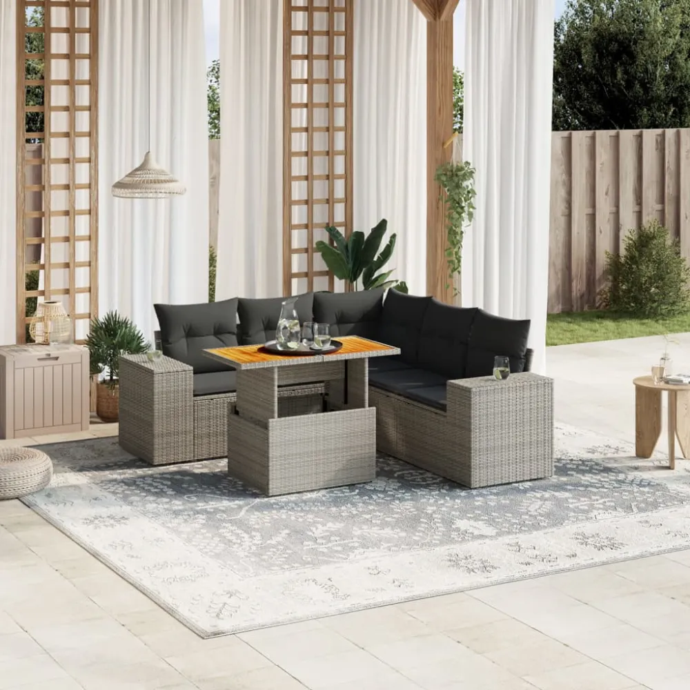 6-delige Loungeset met kussens poly rattan grijs vidaXL