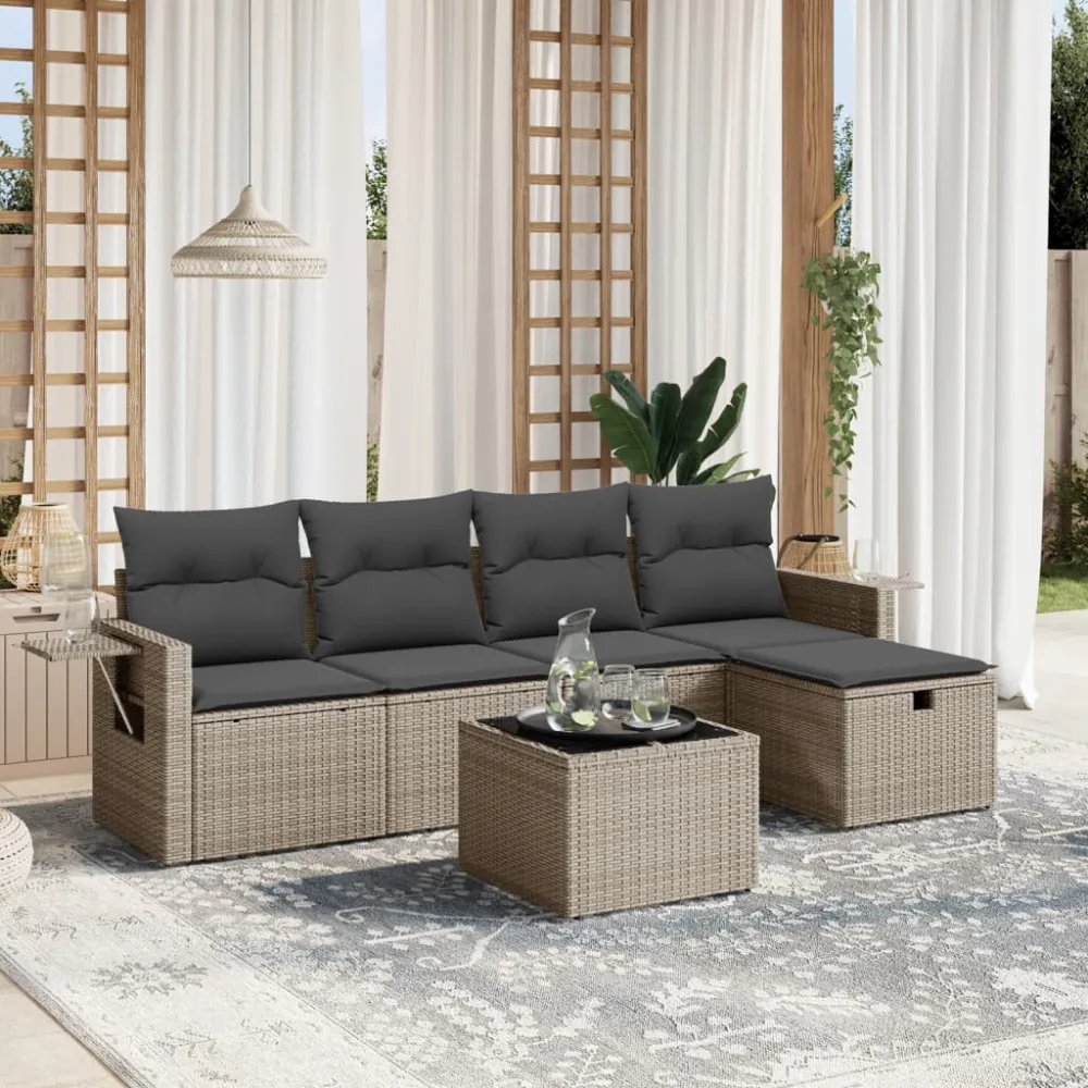 6-delige Loungeset met kussens poly rattan grijs vidaXL