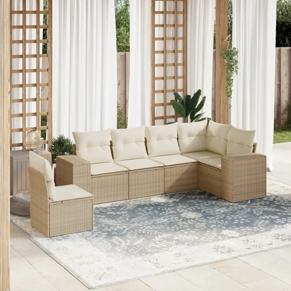 6-delige Loungeset met kussens poly rattan beige vidaXL