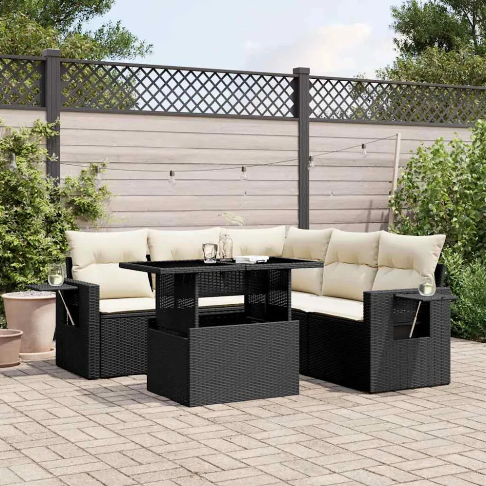 6-delige Loungeset met kussens poly rattan zwart vidaXL