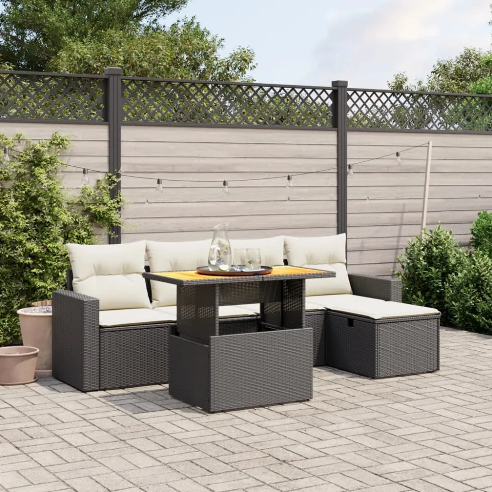 6-delige Loungeset met kussens poly rattan zwart vidaXL