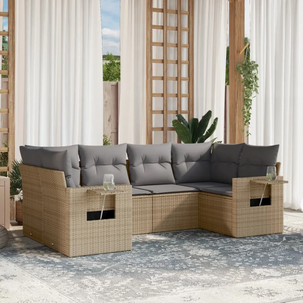 6-delige Loungeset met kussens poly rattan beige vidaXL