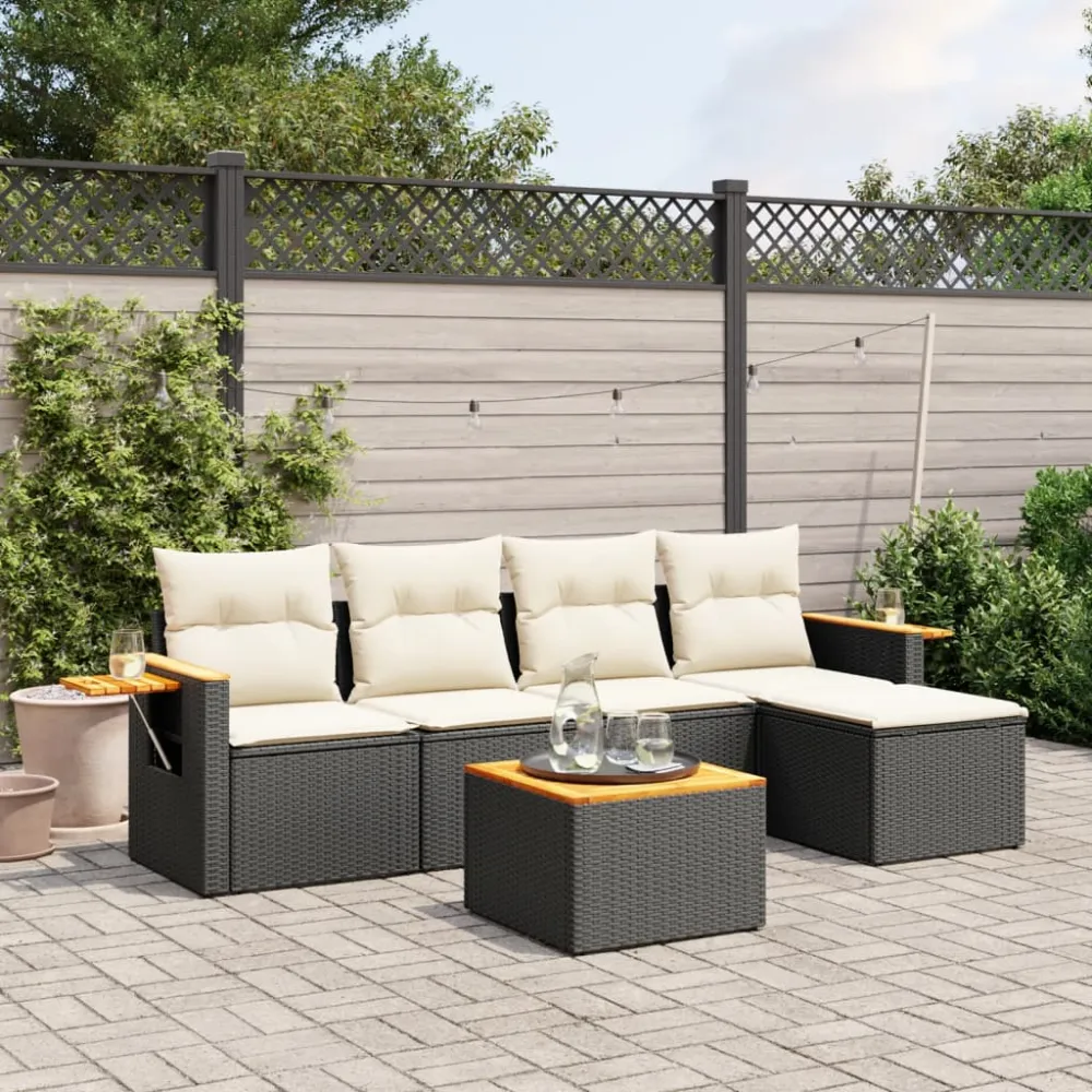 6-delige Loungeset met kussens poly rattan zwart vidaXL