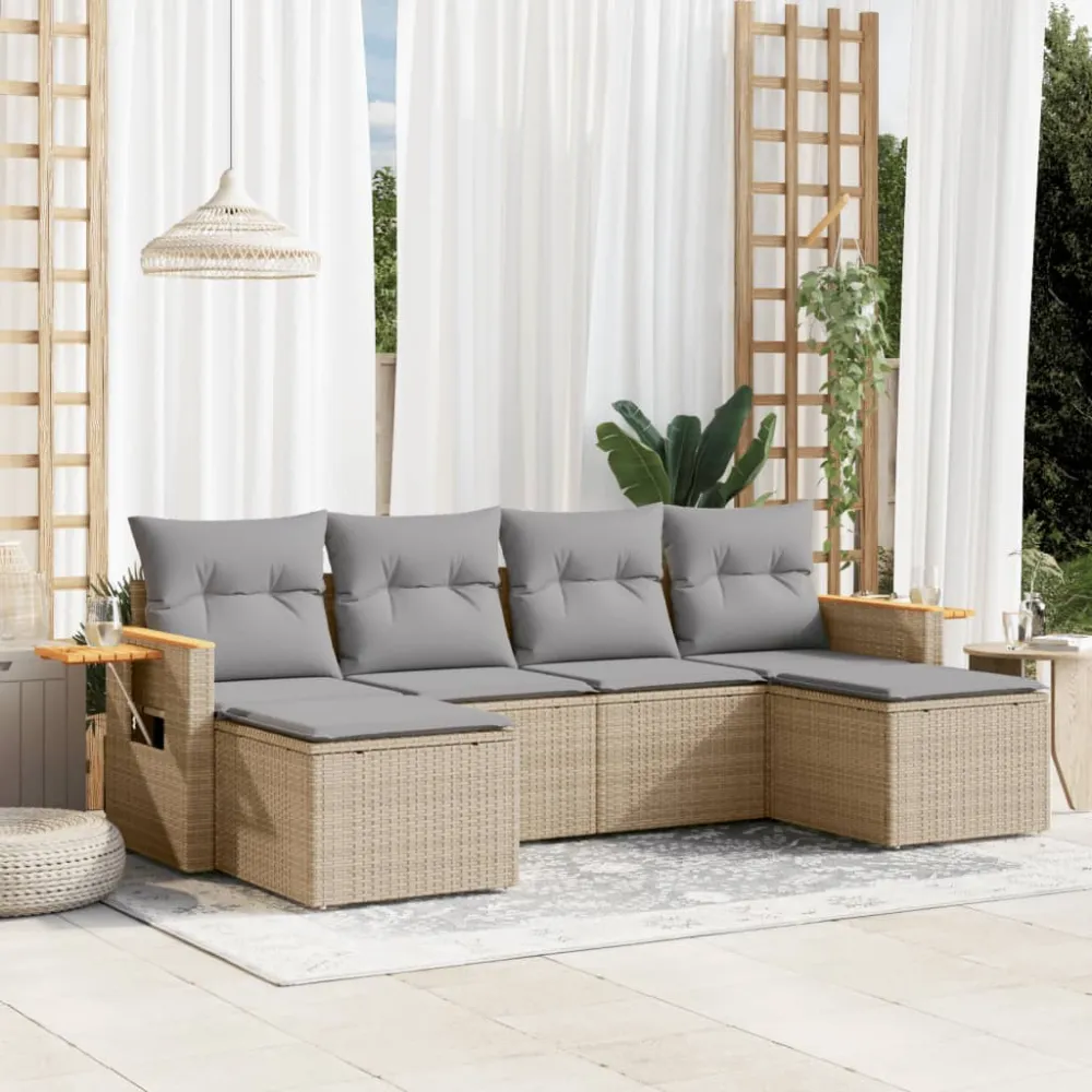 6-delige Loungeset met kussens poly rattan beige vidaXL