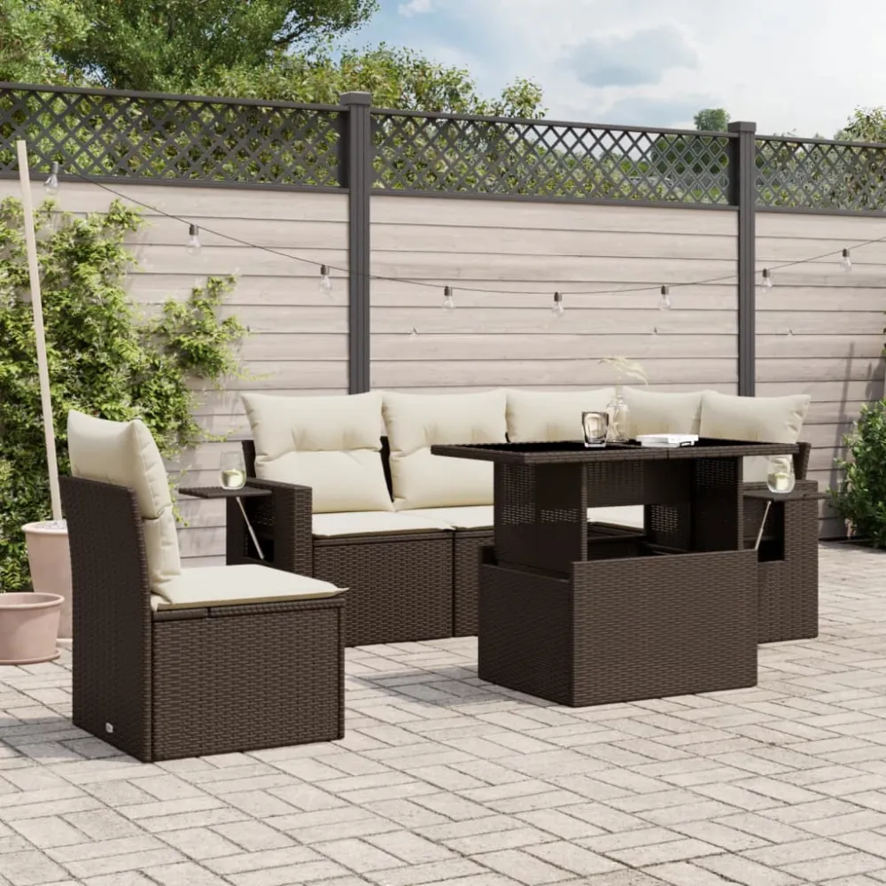 6-delige Loungeset met kussens poly rattan bruin vidaXL
