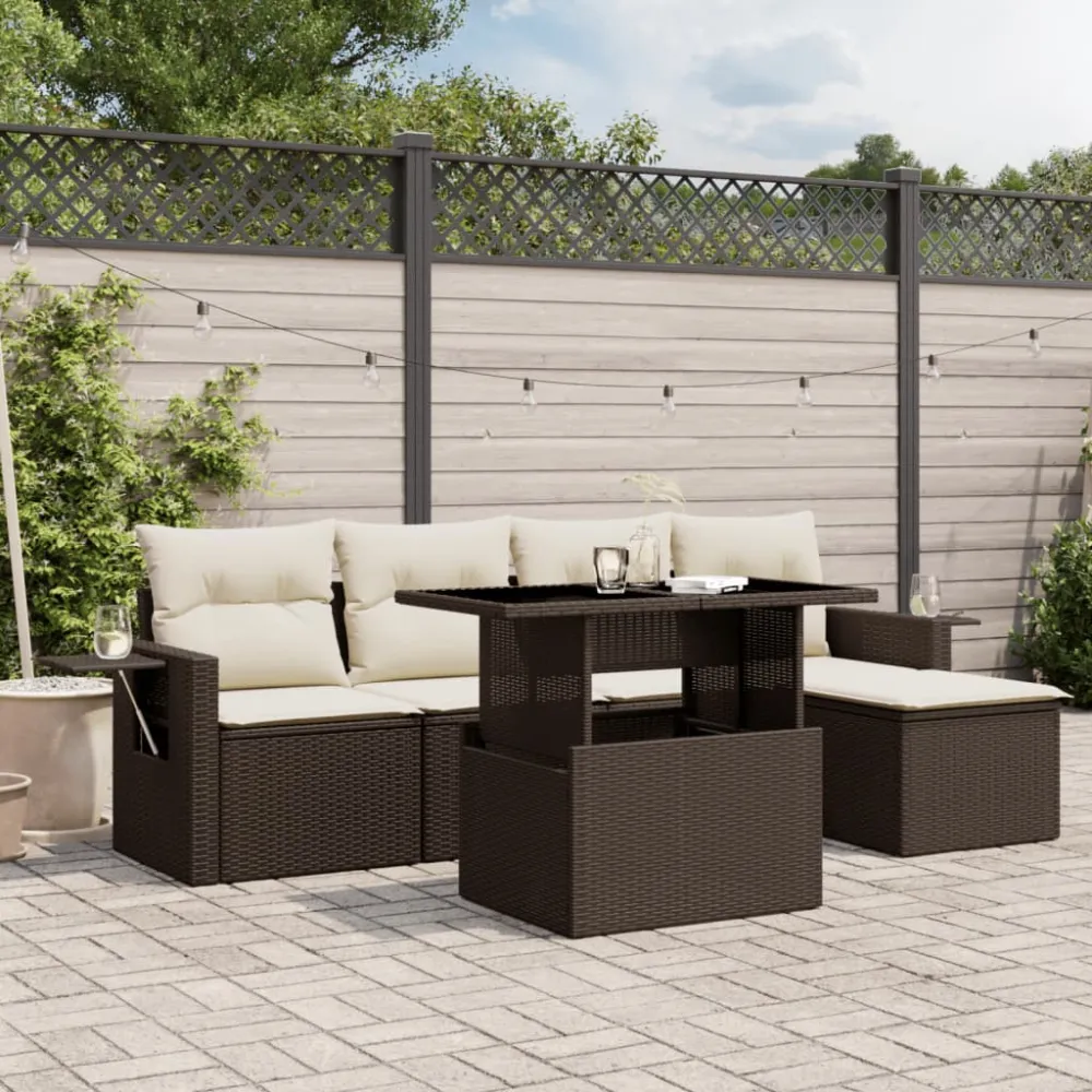 6-delige Loungeset met kussens poly rattan bruin vidaXL