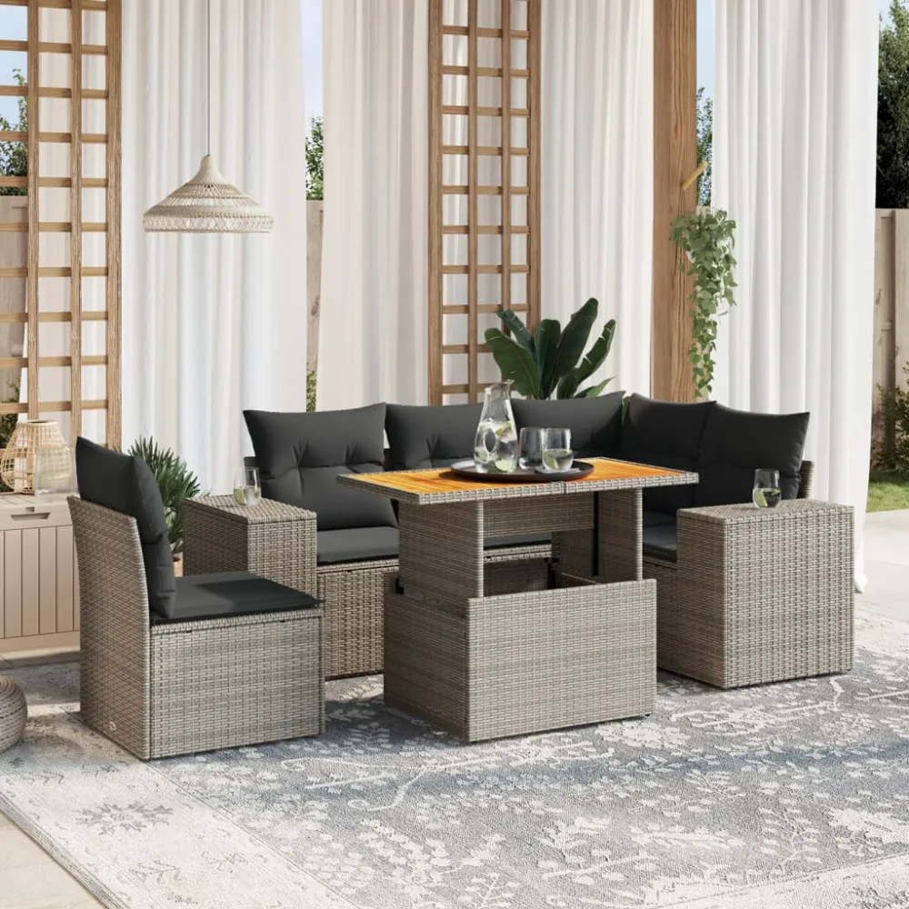 6-delige Loungeset met kussens poly rattan grijs vidaXL