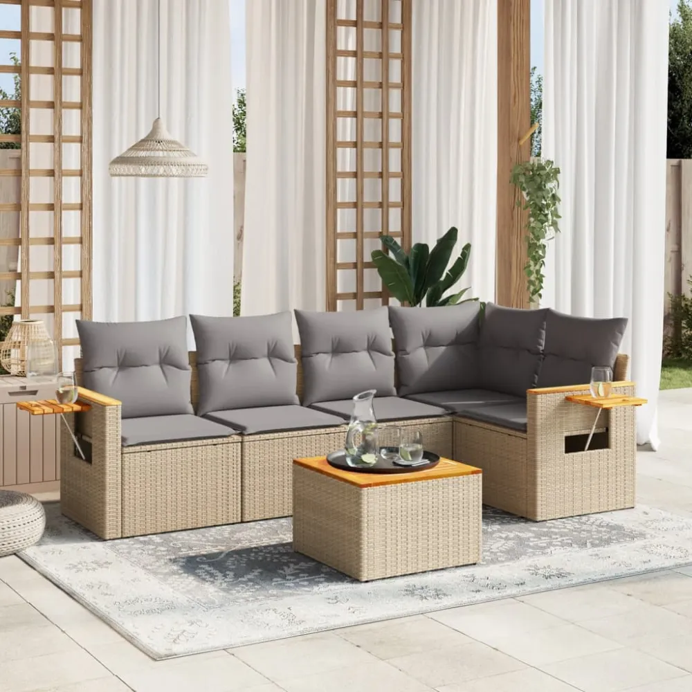 6-delige Loungeset met kussens poly rattan beige vidaXL