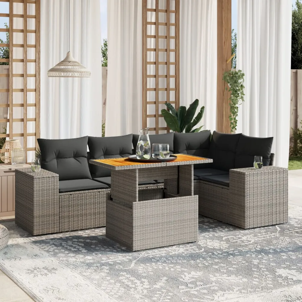 6-delige Loungeset met kussens poly rattan grijs vidaXL