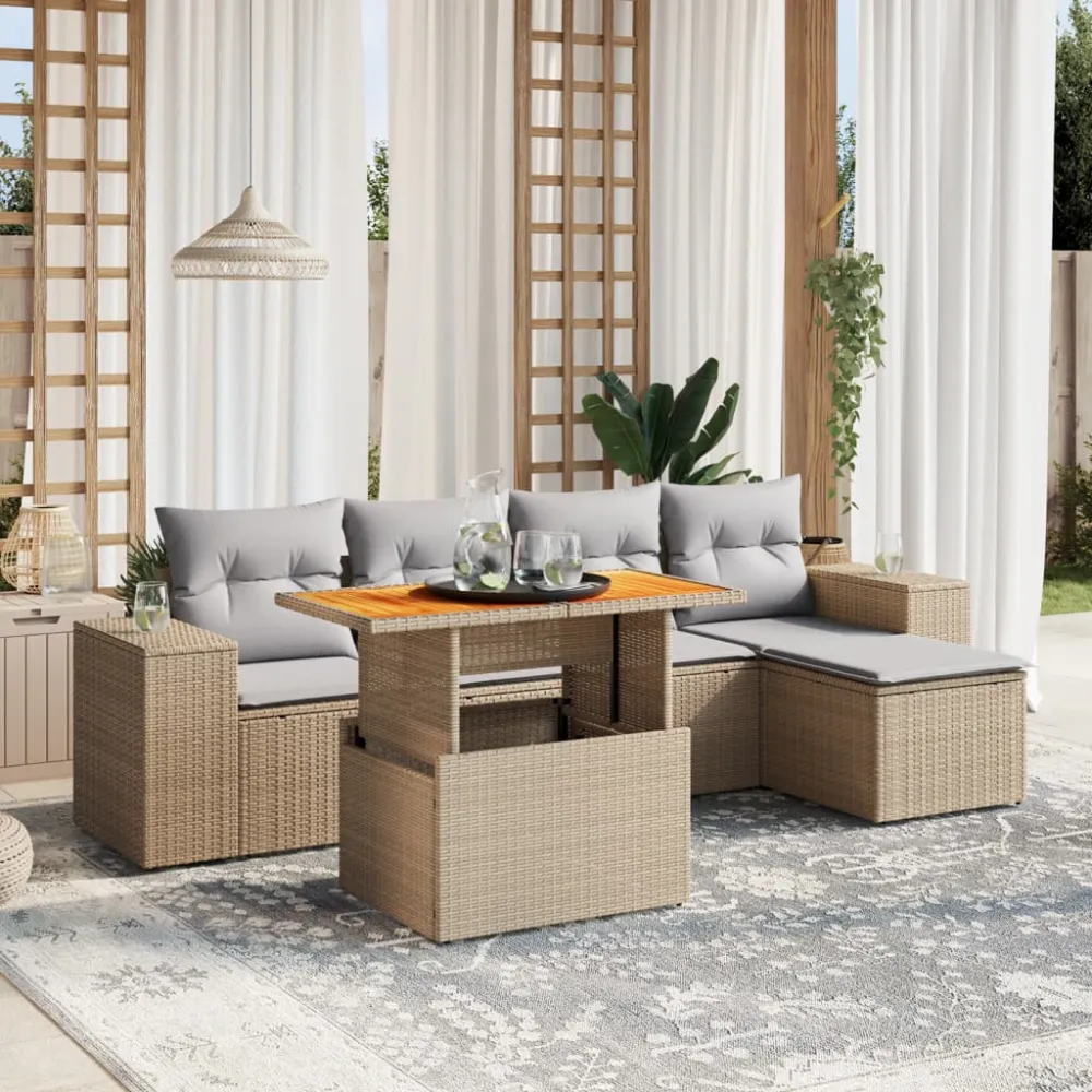 6-delige Loungeset met kussens poly rattan beige vidaXL