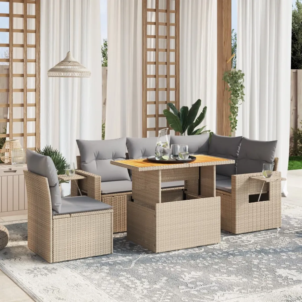 6-delige Loungeset met kussens poly rattan beige vidaXL