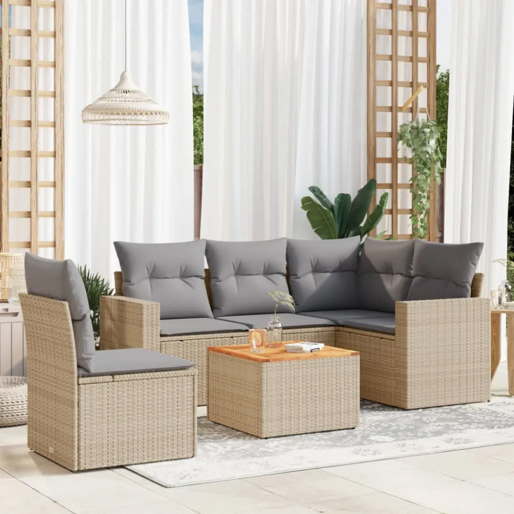 6-delige Loungeset met kussens poly rattan beige vidaXL