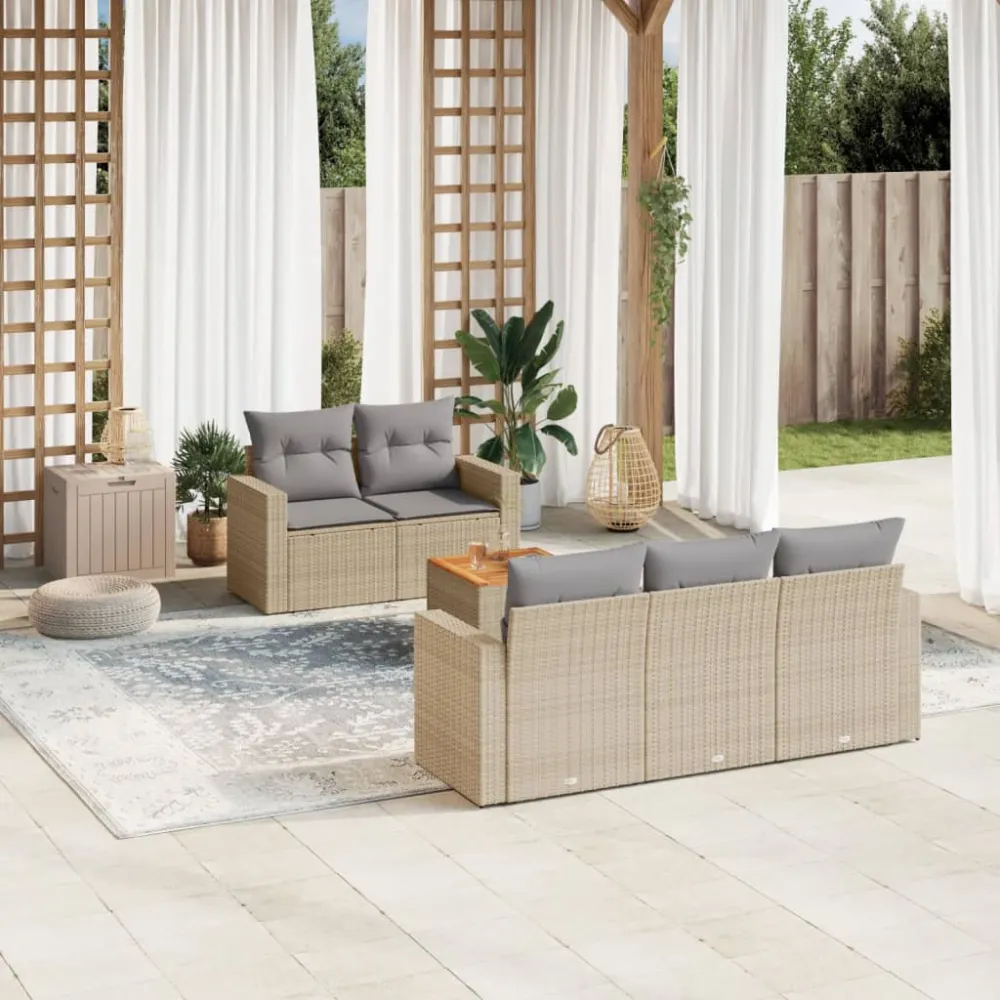 6-delige Loungeset met kussens poly rattan beige vidaXL