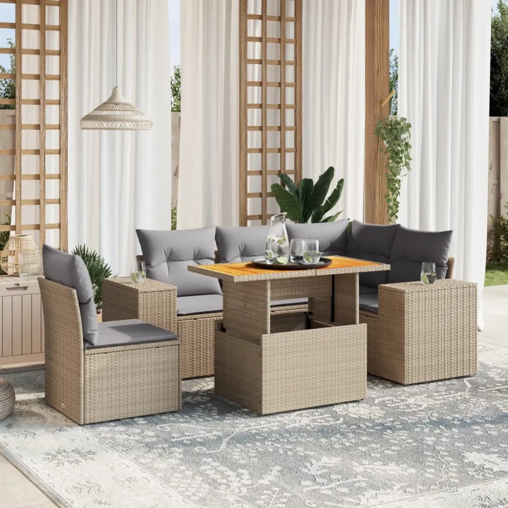 6-delige Loungeset met kussens poly rattan beige vidaXL