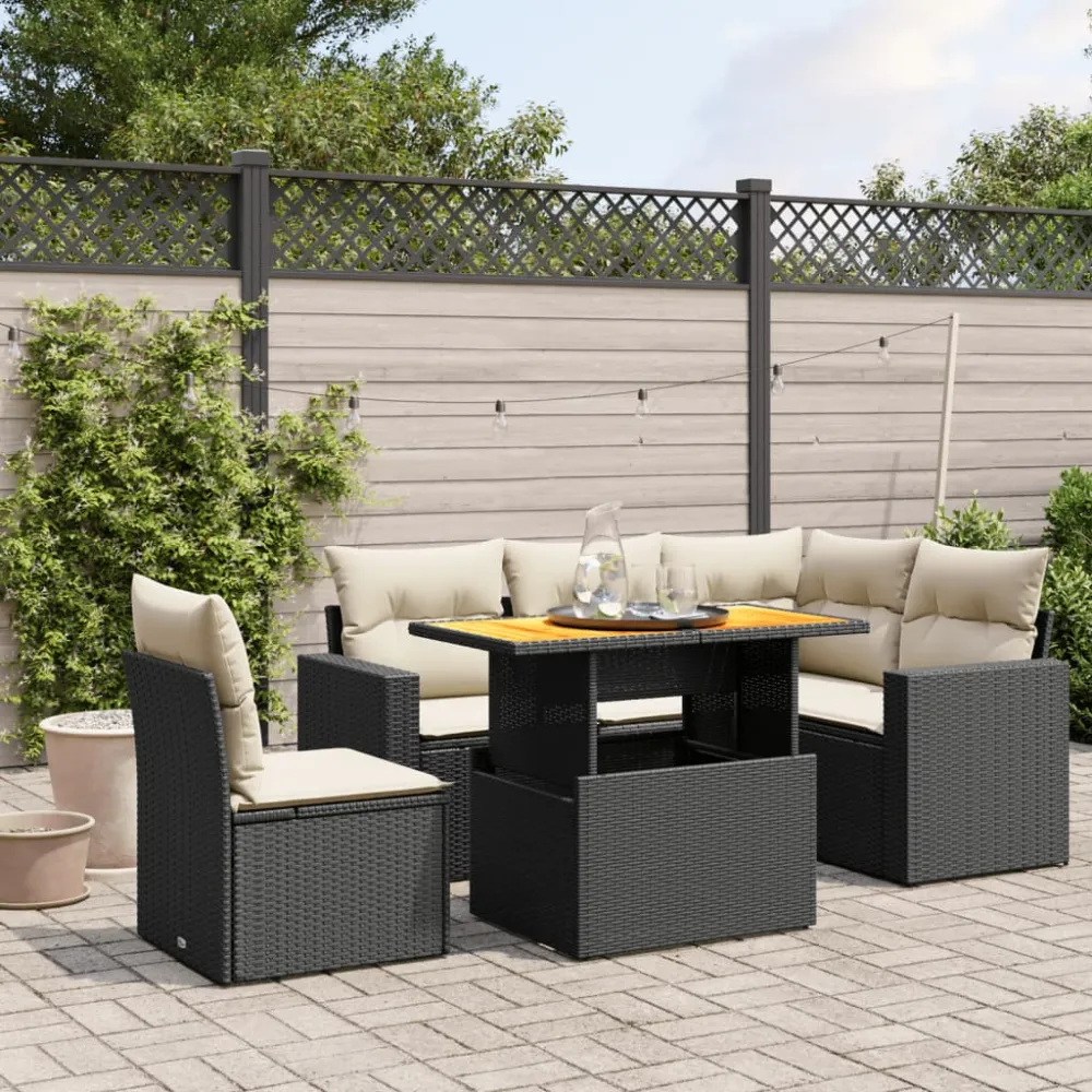 6-delige Loungeset met kussens poly rattan zwart vidaXL