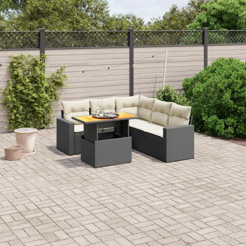 6-delige Loungeset met kussens poly rattan zwart vidaXL