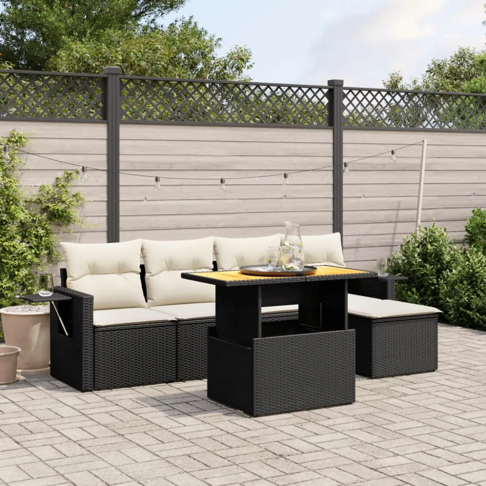 6-delige Loungeset met kussens poly rattan zwart vidaXL