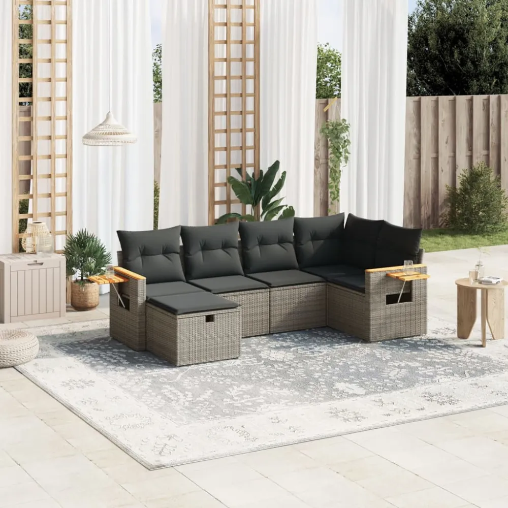 6-delige Loungeset met kussens poly rattan grijs vidaXL