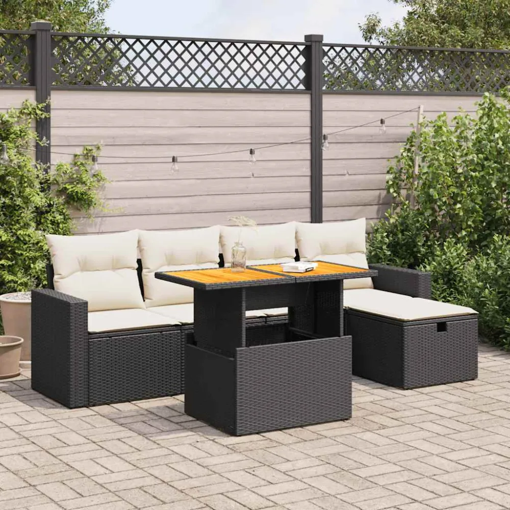6-delige Loungeset met kussens poly rattan acacia zwart vidaXL