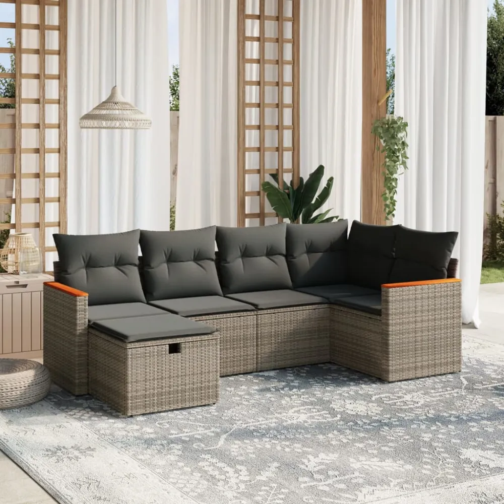 6-delige Loungeset met kussens poly rattan grijs vidaXL