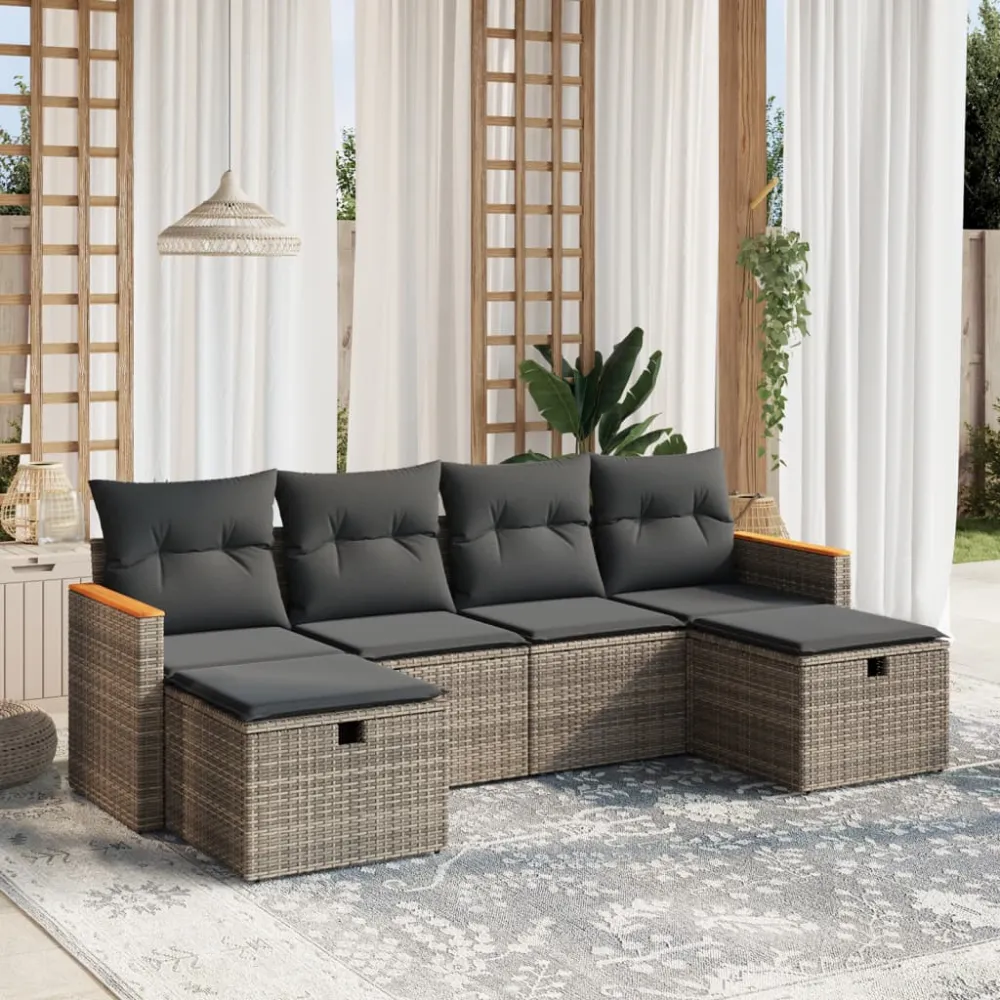 6-delige Loungeset met kussens poly rattan grijs vidaXL