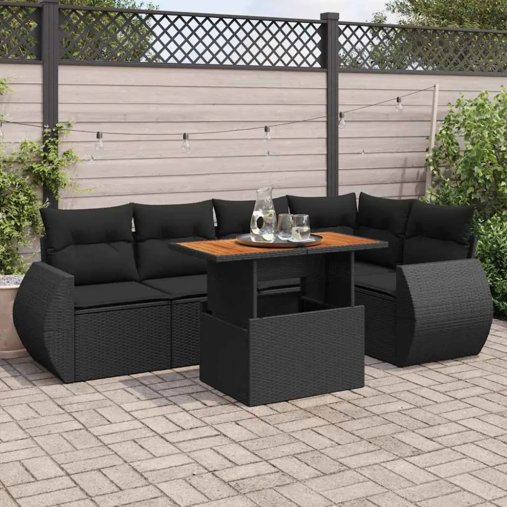 6-delige Loungeset met kussens poly rattan zwart vidaXL
