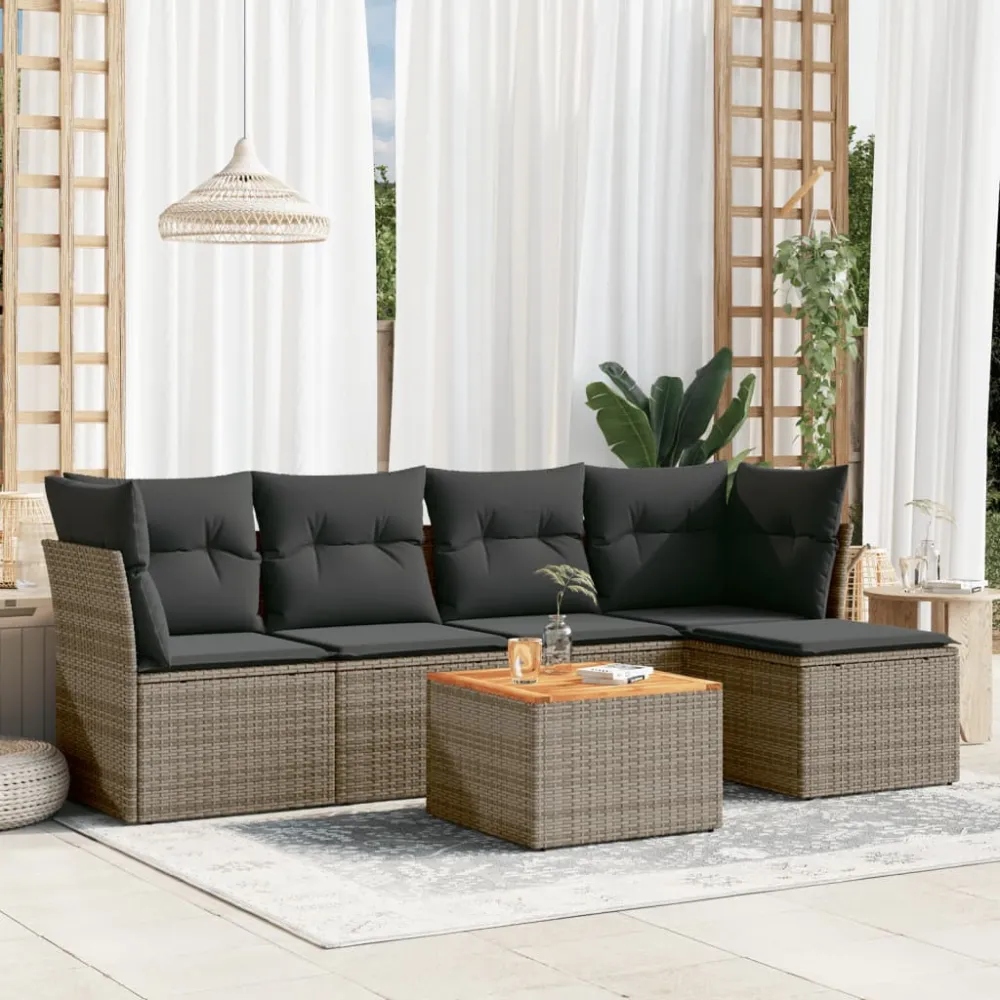 6-delige Loungeset met kussens poly rattan grijs vidaXL
