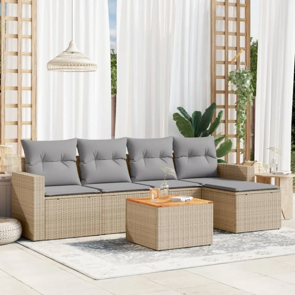6-delige Loungeset met kussens poly rattan beige vidaXL