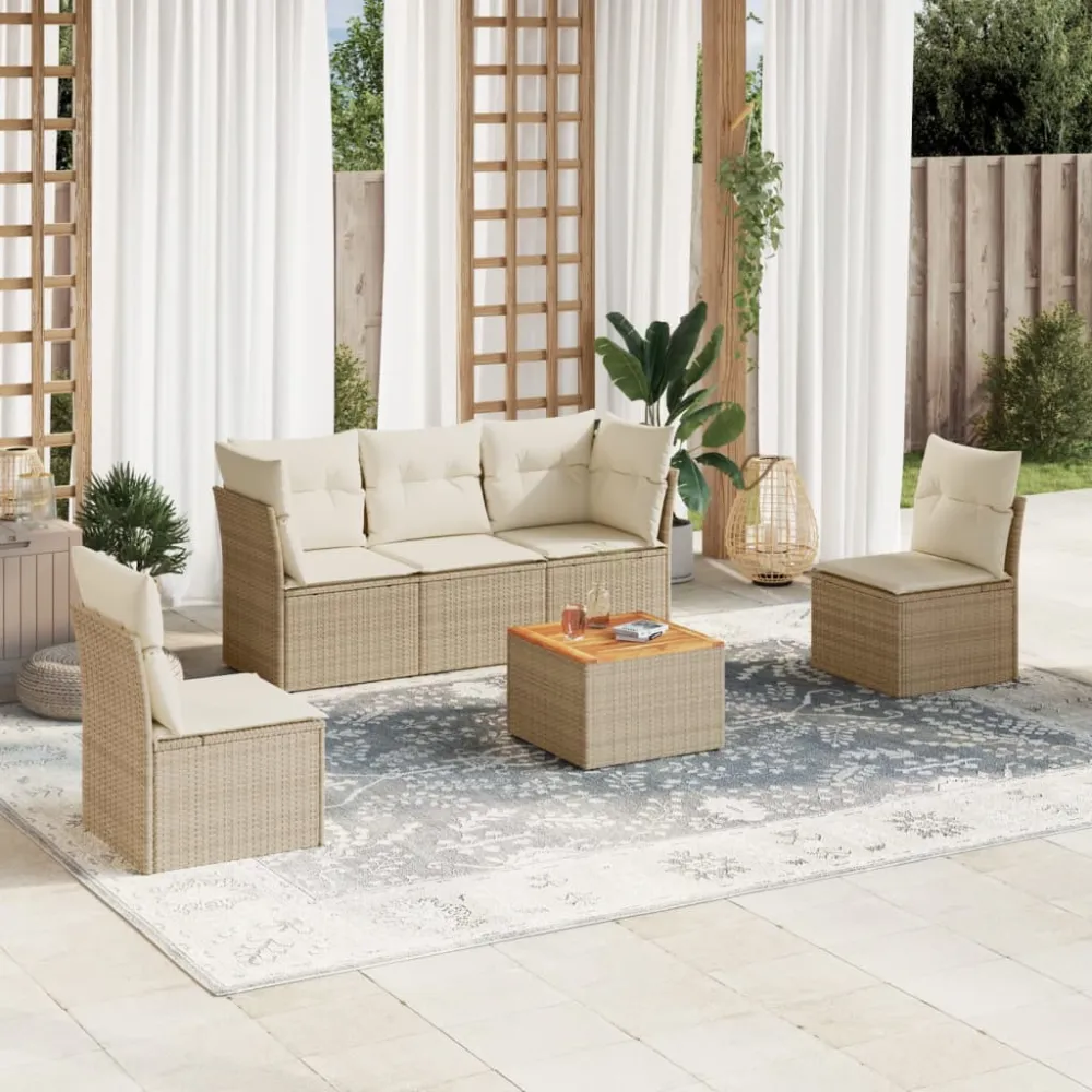 6-delige Loungeset met kussens poly rattan beige vidaXL
